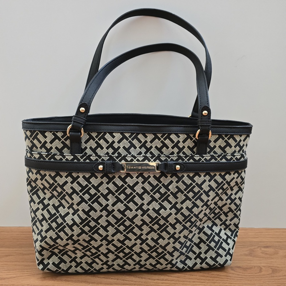 Tommy Hilfiger Monogram Shopper Tote Shoulder Bag Black White Logo Gold Hardware